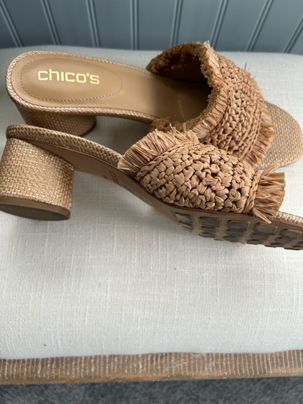 Chico's Tan Raffia Fringe Slide Mules - Picture 3 of 5